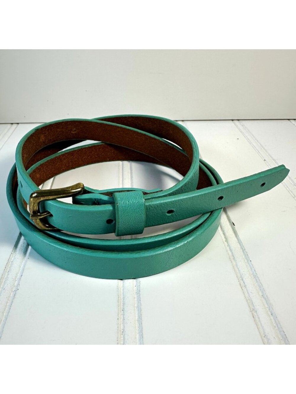 Women's Teal Skinny Belt 38” Solid Adjustable Brass Metal Buckle Retro Mod Y2K